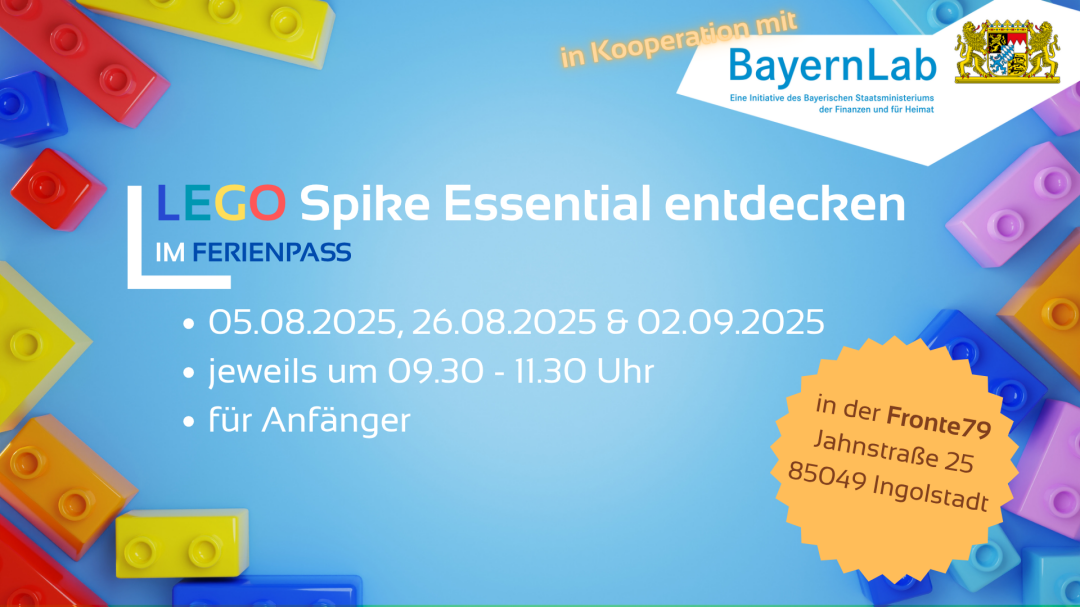 Werbeposter für den LEGO Spike Essential Workshop im Ferienpass Ingolstadt 2025