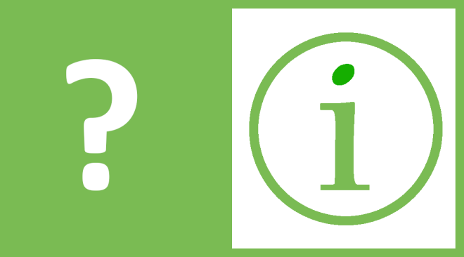 Ein Fragezeichen auf grünem Grund und rechts daneben ein grünes, umrandetes I auf weißem Grund.