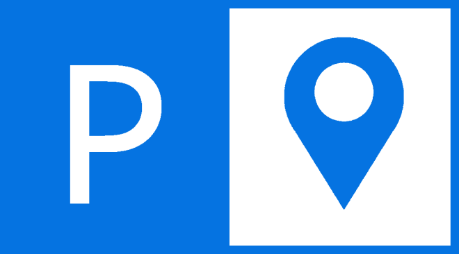 Weißes P auf blauem Grund und rechts daneben eine blaue Ortsnadel auf weißem Grund.