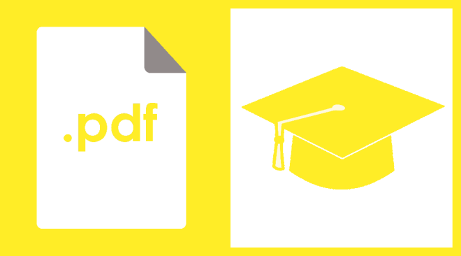Weißes Blatt mit Aufdruck PDF und rechts daneben ein gelber Albsolventenhut, alles gelb umrandet.